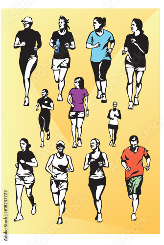 variety of different types of people jogging facing front vector illustration