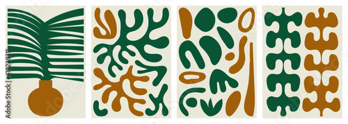 Abstract Organic Floral Poster Set. Modern Botanical Backgrounds in Minimal Style. Trendy Groovy Vector Illustration.