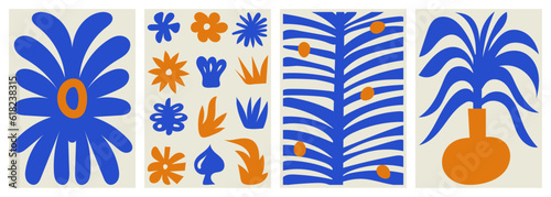 Abstract Organic Floral Poster Set. Modern Botanical Backgrounds in Minimal Style. Trendy Groovy Vector Illustration.