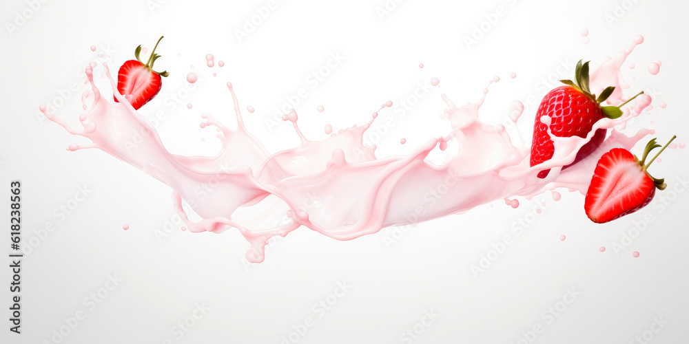 milk or yogurt splash with strawberries isolated on flat background milk or yogurt splash with strawberries isolated on flat background