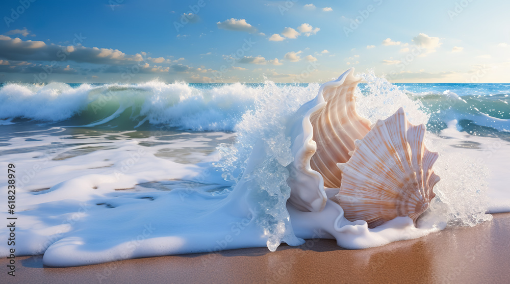 Landscape with shells on tropical beach. Generative AI Landscape with shells on tropical beach. Generative AI