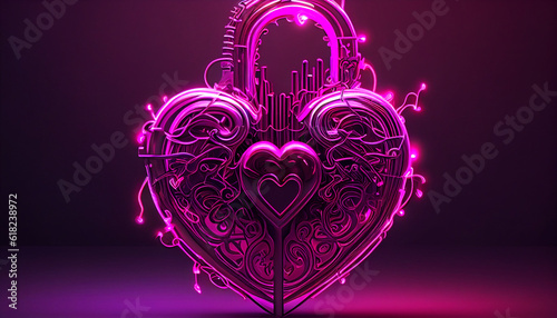 Unlock with the getar to my heart. Neon artwork in magenta. Lights glowing in an abstract 3D illustration Ai generated image photo