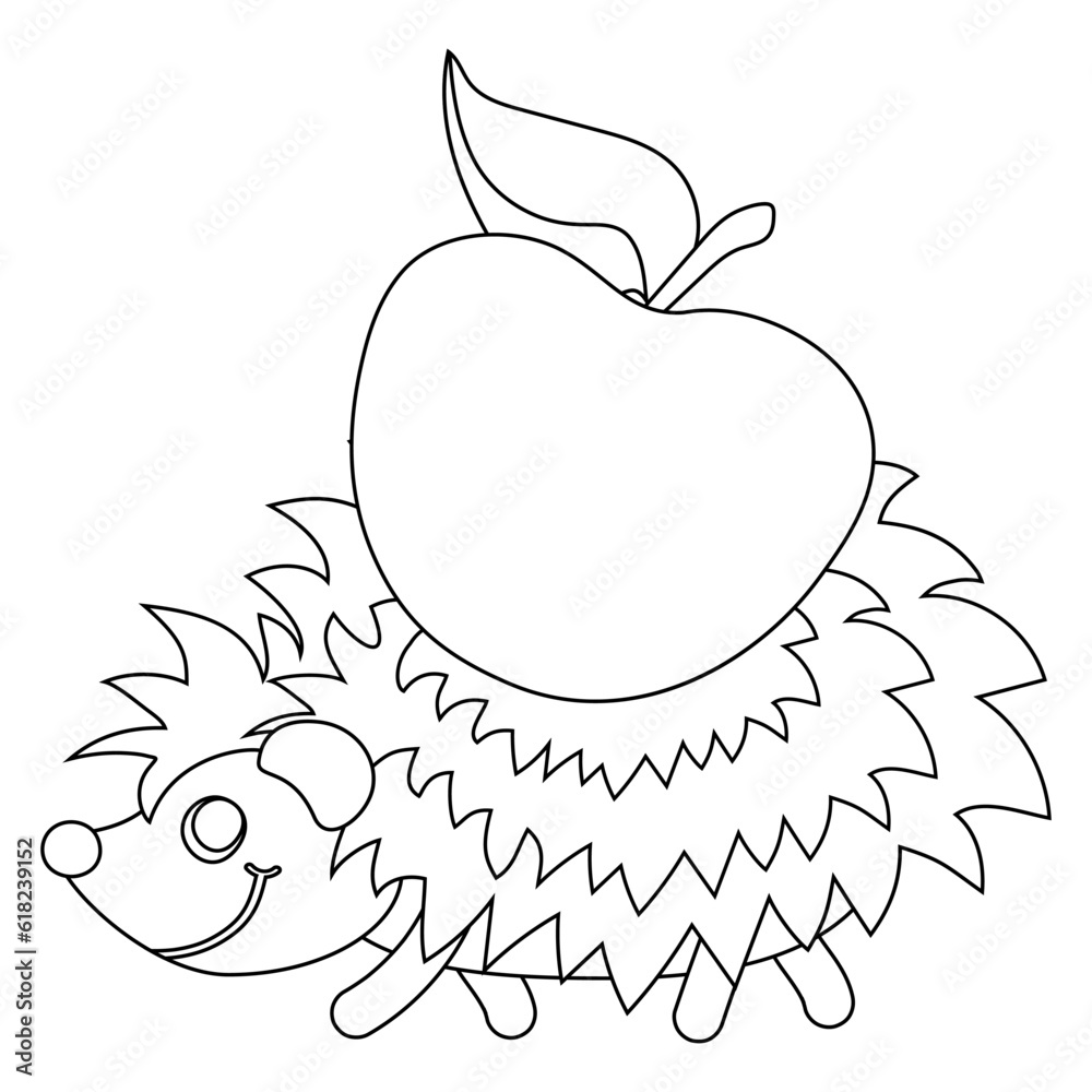 Ηappy hedgehog carries an apple on his back. Black and white. Cartoon vector illustration for coloring book. Ηappy hedgehog carries an apple on his back. Black and white. Cartoon vector illustration for coloring book.
