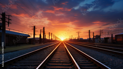 shiny train track and railway at sunset