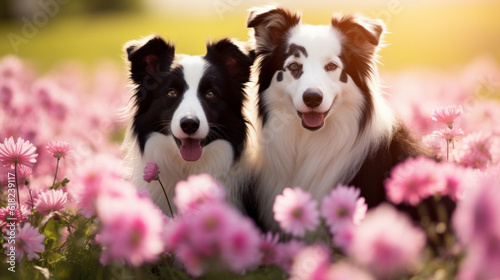 two border collie dogs in garden with flowers