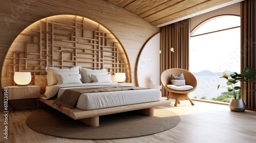 A modern bedroom made of wood in pastel beige tones. Interior design concept Japandi. © Hryhor Denys