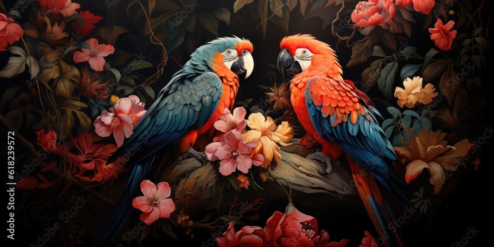 Fototapeta premium Tropical wallpaper background with parrots and flowers, ai generative