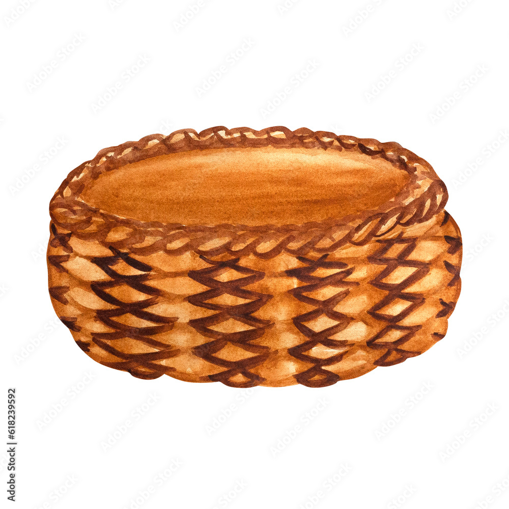 Basket. Wicker brown basket made of natural material - vines on a white background. Hand-drawn for your design