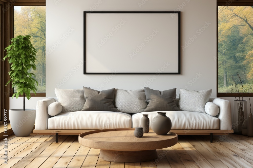 Wall art poster blank in the interior scene with white sofa and coffee table, ai generative Wall art poster blank in the interior scene with white sofa and coffee table, ai generative