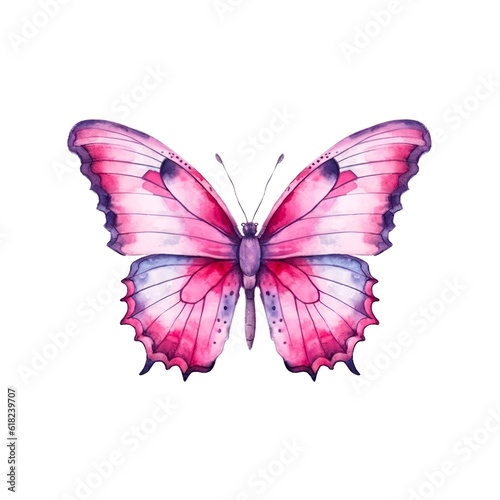 Colorful pink butterfly isolated on white background in watercolor style. Generative AI.