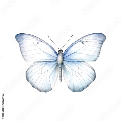 Watercolor illustration of a beautiful white butterfly isolated on white background. Generative AI. © Hanna