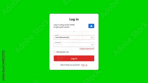 Log in Form Screen Animation. Website page with fields Email and Password. Animated template for UI Design. Green Screen. 4k Video