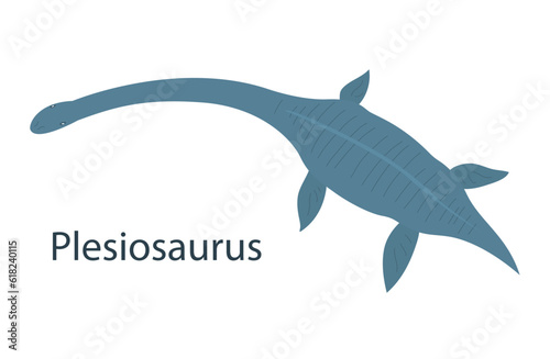 Prehistoric underwater dinosaur plesiosaurus with fins. Predatory ancient sea pangolin. Long neck. Big lizard. Wildlife of the Jurassic period. Flat vector illustration isolated on white background