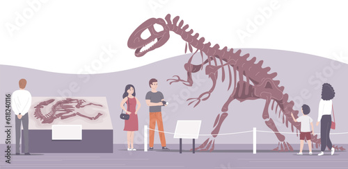 Paleontological museum with dinosaur skeletons. People adults and children on excursions. Archeology and fossil ancient lizards. Flat vector illustration