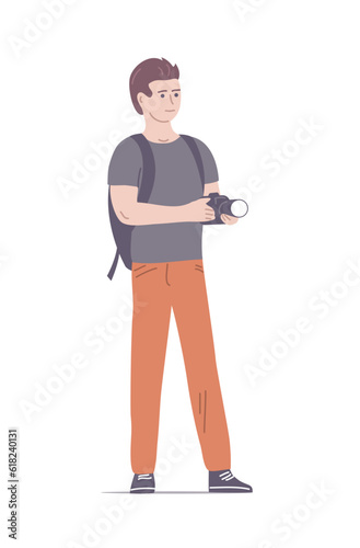 Hiking man with a camera. European tourist with a backpack. Traveler on vacation. Flat vector illustration isolated on white background