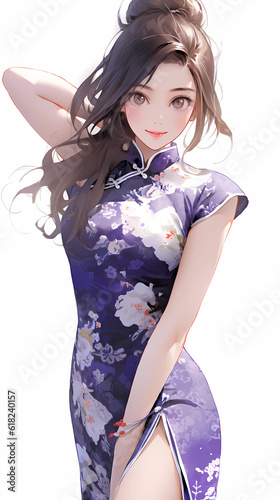 Hand-painted beautiful illustration of an anime girl wearing a Chinese cheongsam
 photo