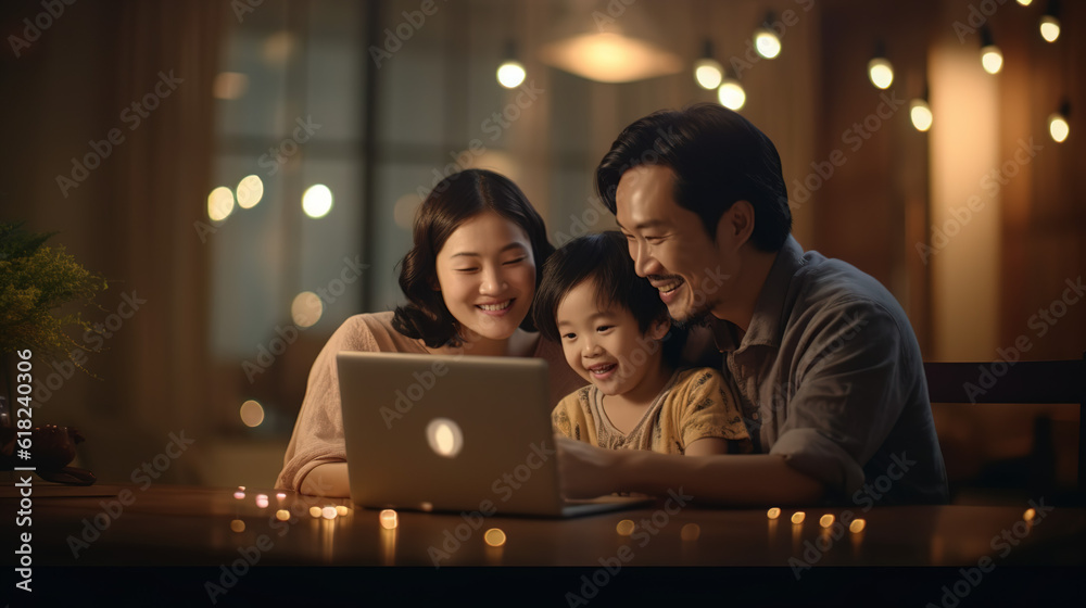 Activity of Happy Asian Family Using Laptop Tablet for Playing Game, Watching Movies, Relaxing at Home. Activity of Happy Asian Family Using Laptop Tablet for Playing Game, Watching Movies, Relaxing at Home.
