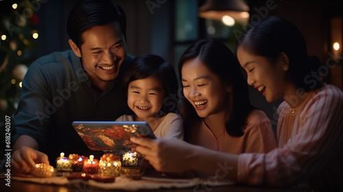 Activity of Happy Asian Family Using Laptop Tablet for Playing Game, Watching Movies, Relaxing at Home.