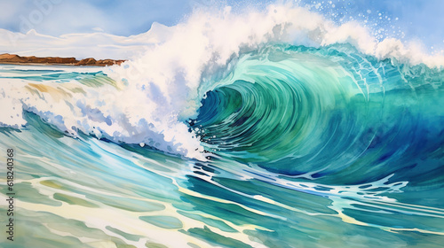 A Beautiful dark blue big sea waves in the ocean splashing on the sandy beach on the shore painted in watercolor