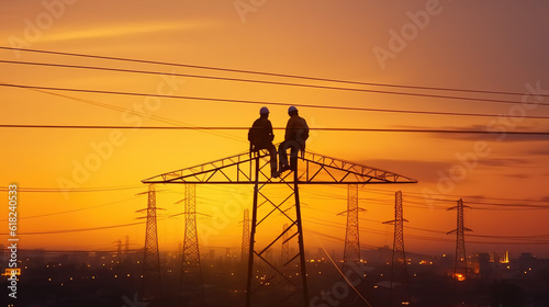 An Electrical Engineers and Workers are Working on the Construction of the Extension of the High-voltage Pylon on the High-voltage Pylon.