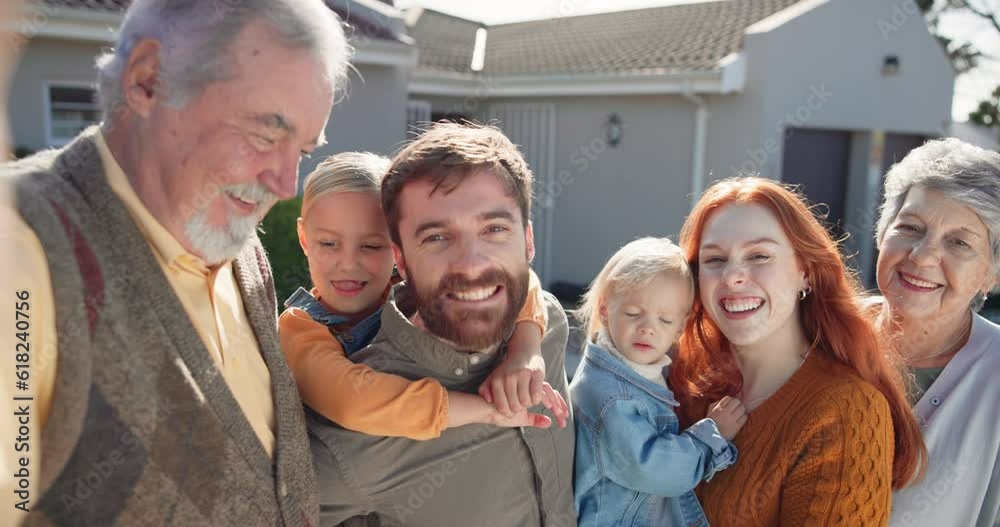 Selfie with grandparents, parents and kids in yard of new house, smile and generations at family home. Mother, father and children outside together with grandmother, grandfather and love in portrait.