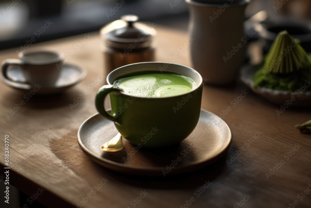 Obraz premium Green matcha tea drink on kitchen counter, AI Generated