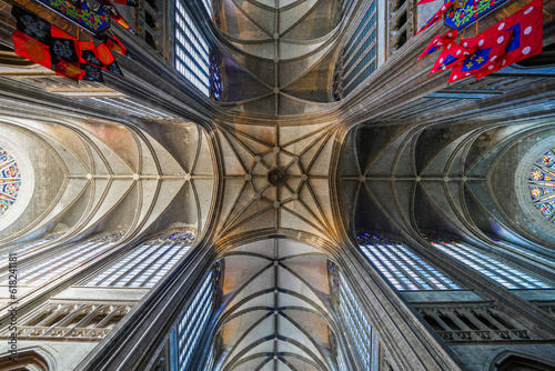 Vertical view of the ribbed vault at the crossing of the Orléans Cathedral of Sainte Croix ("Holy Cross") in the French department of Loiret in the Center of France