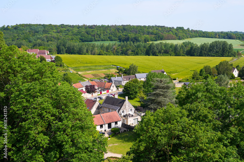 Aerial view of the countryside of Picardie over the rural village of Septmonts in Aisne, in the North of France