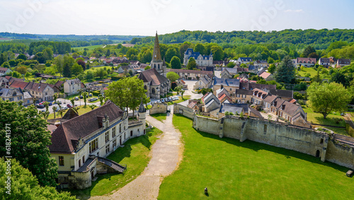 Aerial view over the park of the Castle of Septmonts in Aisne, Picardie, France - Built in the 14th century, this medieval tower was used both for military and residential purposes photo