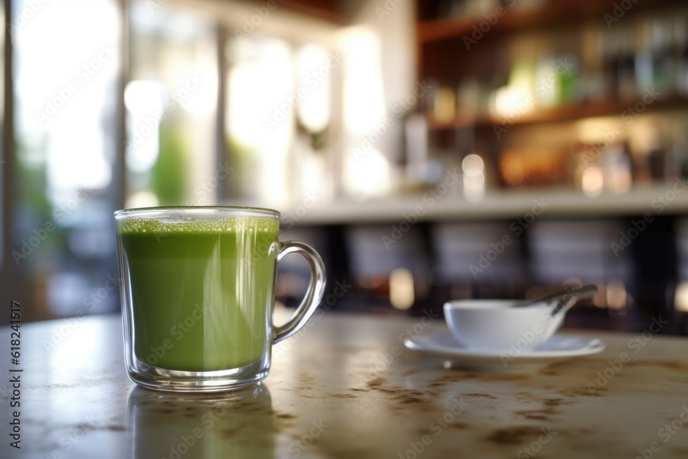 Green matcha tea drink on kitchen counter, AI Generated Green matcha tea drink on kitchen counter, AI Generated