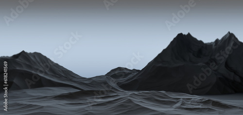 Black Mountains are gloomy. Rocks, rocky terrain in blur. Abstract landscape of mountains in the darkness. 3D render photo