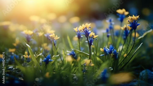 Yellow and blue flowers on a blurred summer background