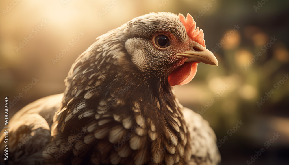 Feathered rooster crows in rural farm scene generated by AI