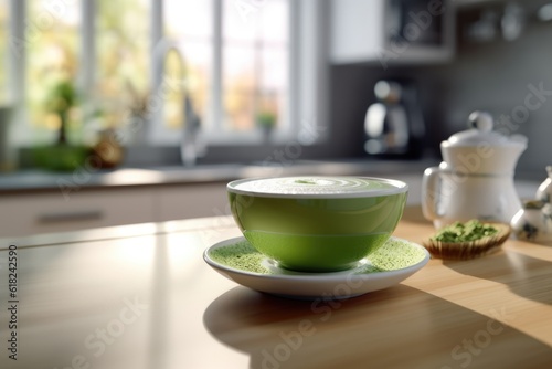 Wallpaper Mural Green matcha tea drink on kitchen counter, AI Generated Torontodigital.ca