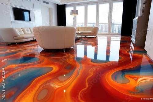 Not at all an ordinary epoxy floor that attracts all the attention in the apartment. It gives your home an amazing luxury that everyone will envy. Generative AI Technology  photo