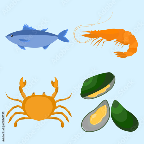 Seafood, Fish, Prawn, Shrimp, Shellfish, mussel, crab in flat vector illustration design