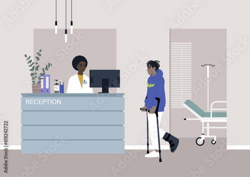 A young character with a fractured leg using crutches and hard shell boot to walk, a checkup appointment at the clinics