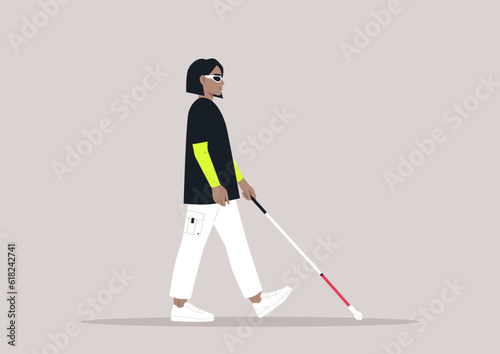 Young caucasian character using a white cane, a visually impaired person walking outdoor