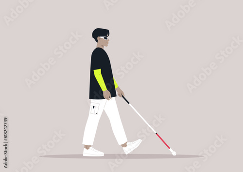 Young character using a white cane, a visually impaired person walking outdoor