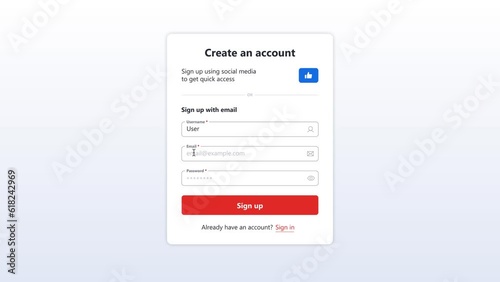 Sign up Form Screen Animation. Website page with fields Username, Email and Password. Animated template for UI Design. 4k Video