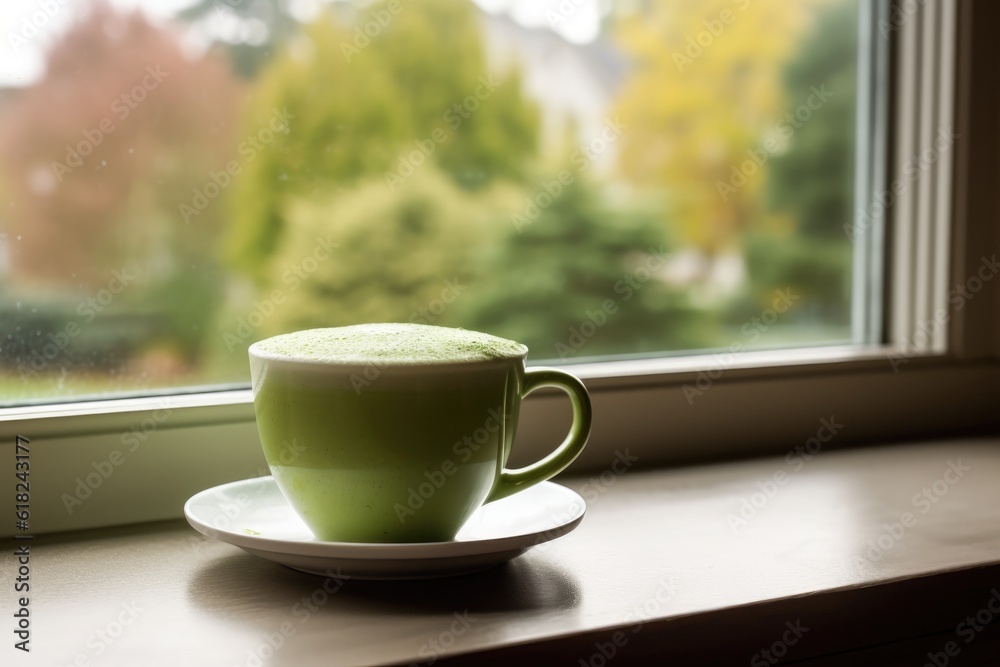 Green matcha tea drink on windowsill, AI Generated Green matcha tea drink on windowsill, AI Generated