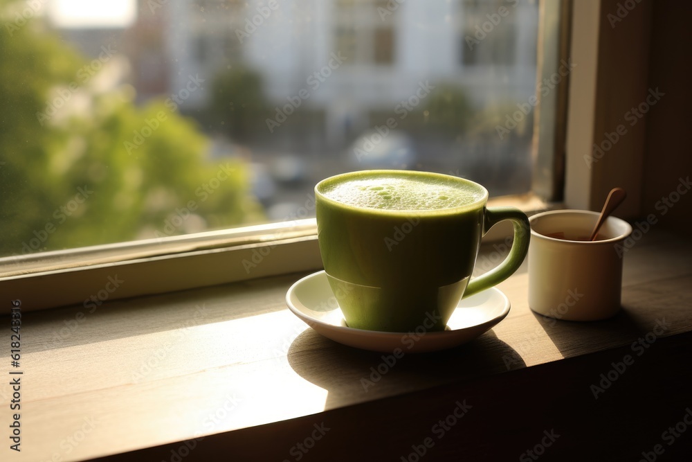 Fototapeta premium Green matcha tea drink on windowsill, AI Generated
