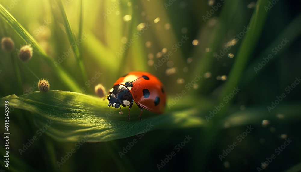 Spotted ladybug on wet blade of grass generated by AI Spotted ladybug on wet blade of grass generated by AI