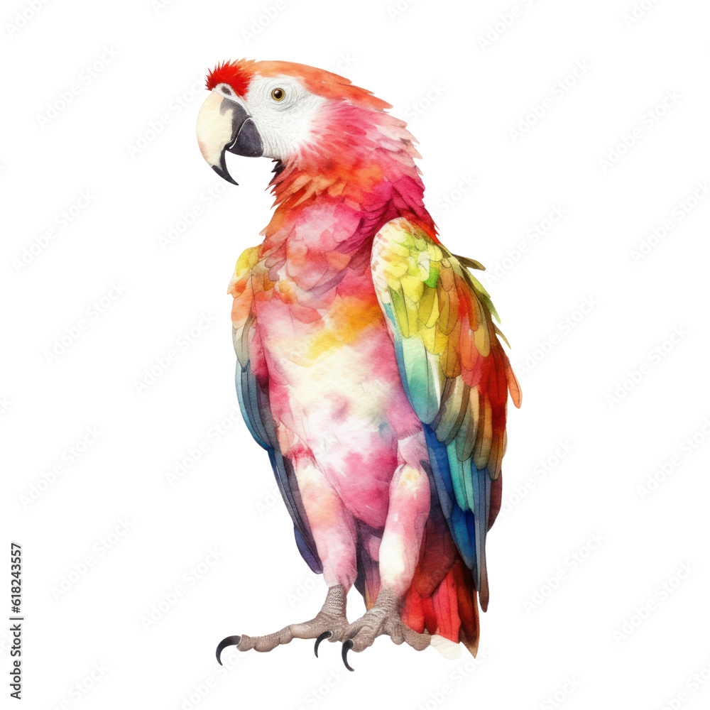red and yellow macaw watercolor isolated on transparent background cutout