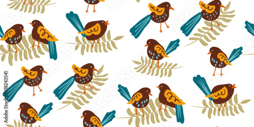 Seamless pattern birds in retro style. Hand drawn doodles, Vector illustration of characters in vintage.