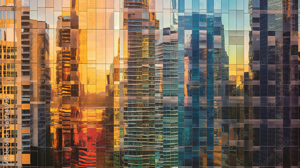 A City Skyscrapers Sunlight is Reflected on the Glass Surface of the Building, the Geometric Background Pattern of the Glass Window on the Modern Building 