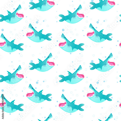 Seamless pattern with cartoon sharks. Vector illustration