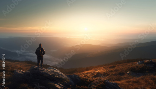 Men conquer mountain peak at sunrise, backpacking adventure generated by AI © Gstudio