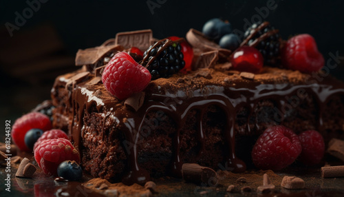 A decadent slice of homemade chocolate cake generated by AI