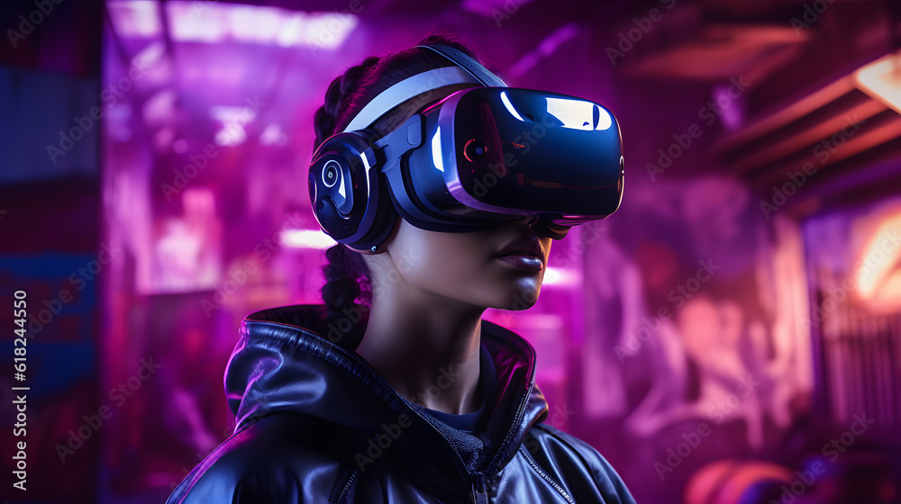young woman, donned with futuristic VR headset, embarks into the digital landscape of the metaverse, poised within her domestic environment young woman, donned with futuristic VR headset, embarks into the digital landscape of the metaverse, poised within her domestic environment